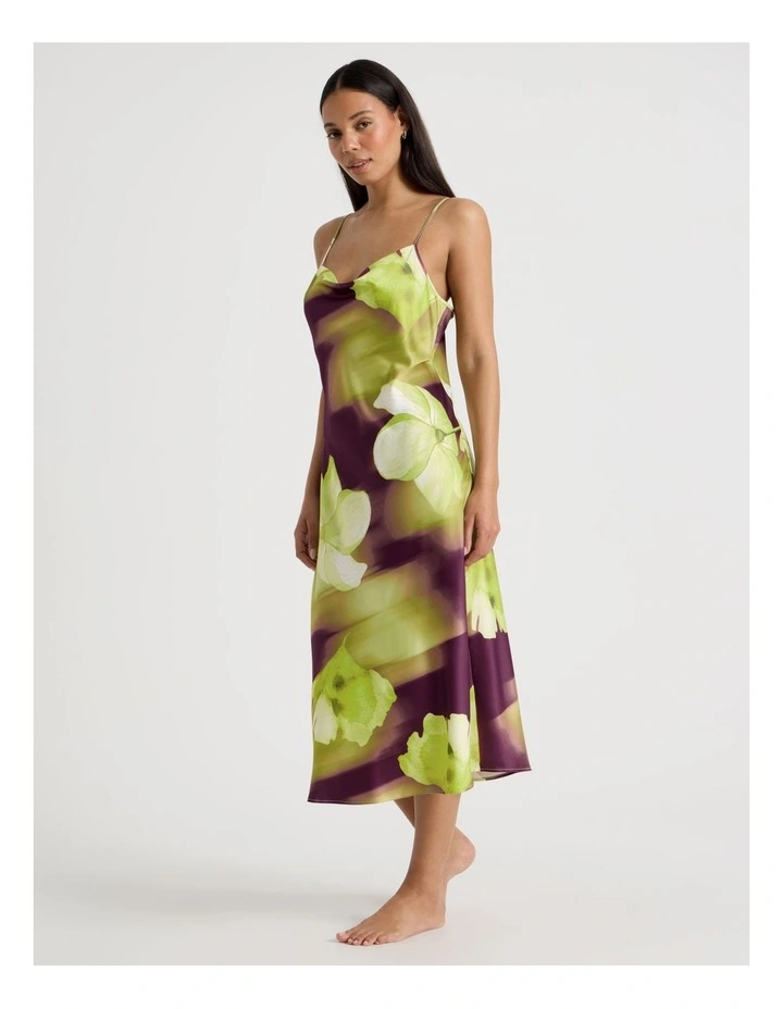 Luxe Satin Cowl Neck Long Chemise in Berry Floral Print image 4