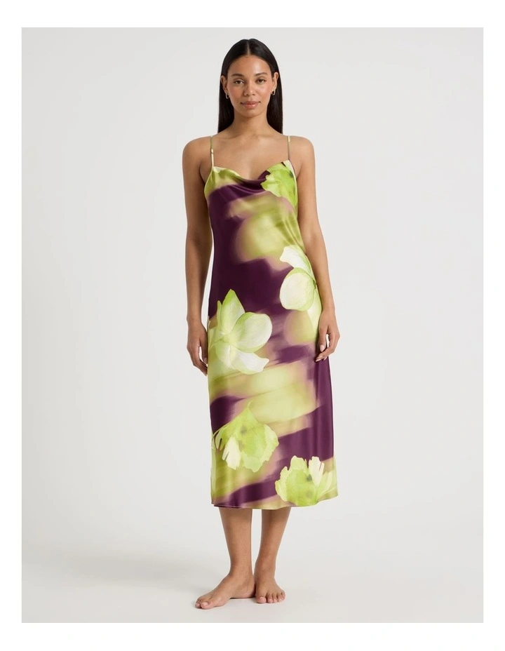 Luxe Satin Cowl Neck Long Chemise in Berry Floral Print image 5