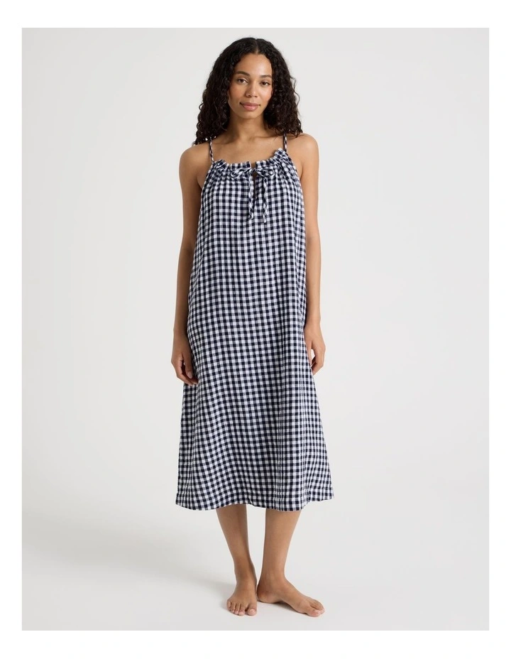 Divine Cheesecloth Gathered Long Chemise in Navy Check Y/D image 1