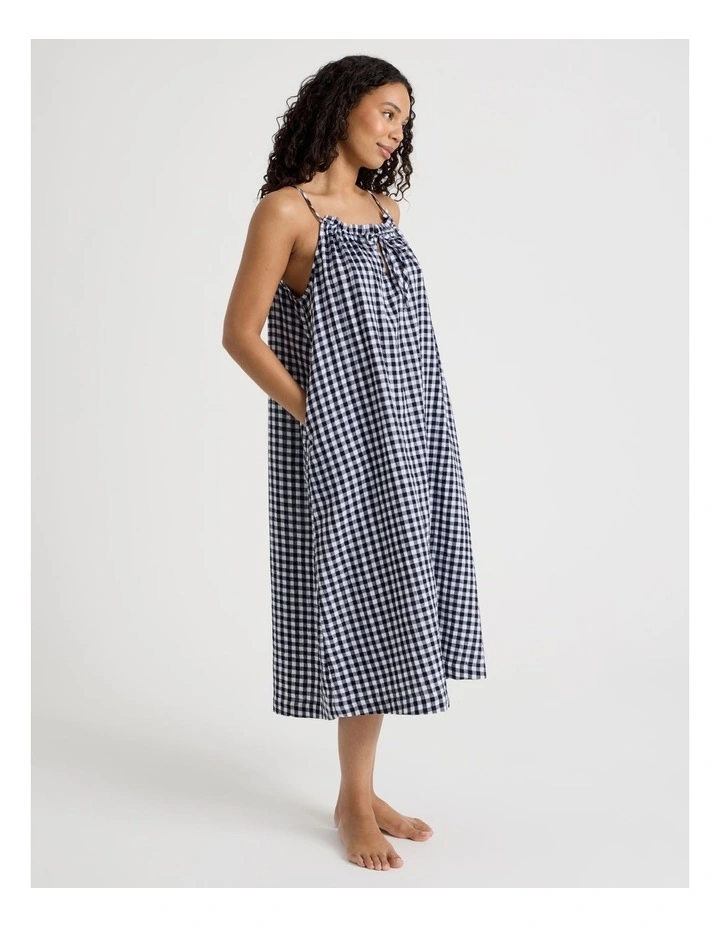 Divine Cheesecloth Gathered Long Chemise in Navy Check Y/D image 2