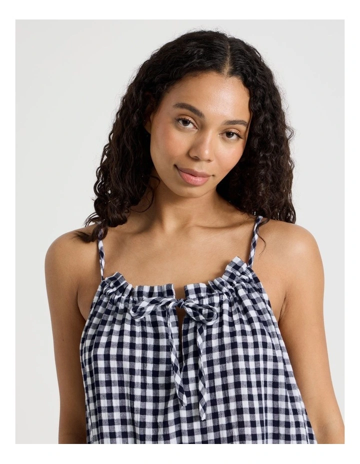 Divine Cheesecloth Gathered Long Chemise in Navy Check Y/D image 3