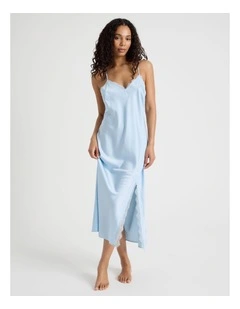 The Vow Satin & Eyelash Lace Long Chemise in Powder Blue
