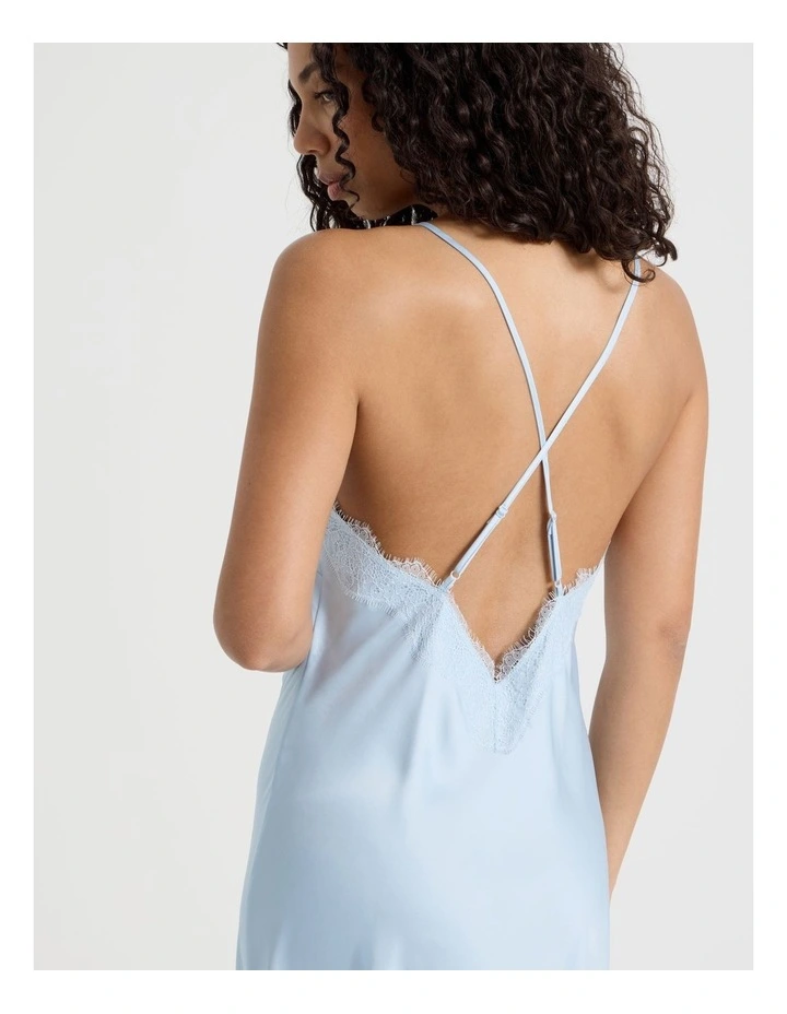 The Vow Satin & Eyelash Lace Long Chemise in Powder Blue image 2