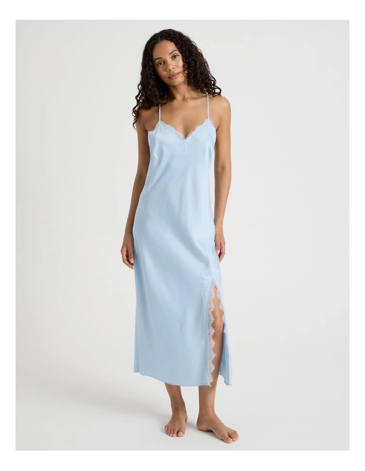 The Vow Satin & Eyelash Lace Long Chemise in Powder Blue image 3