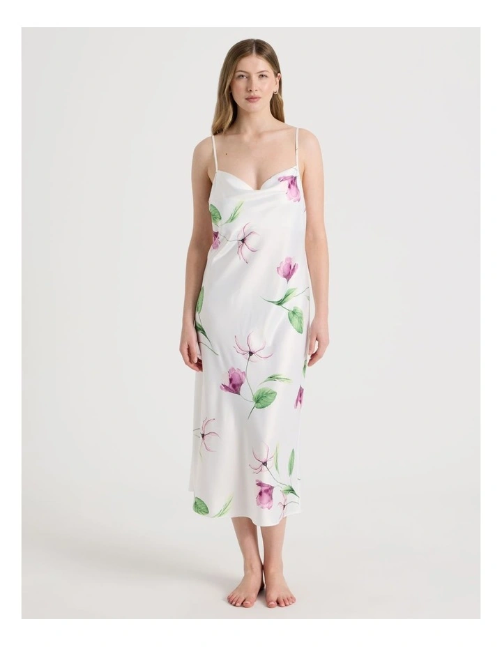 Luxe Satin Cowl Neck Long Chemise in Gardenia Floral Print image 1
