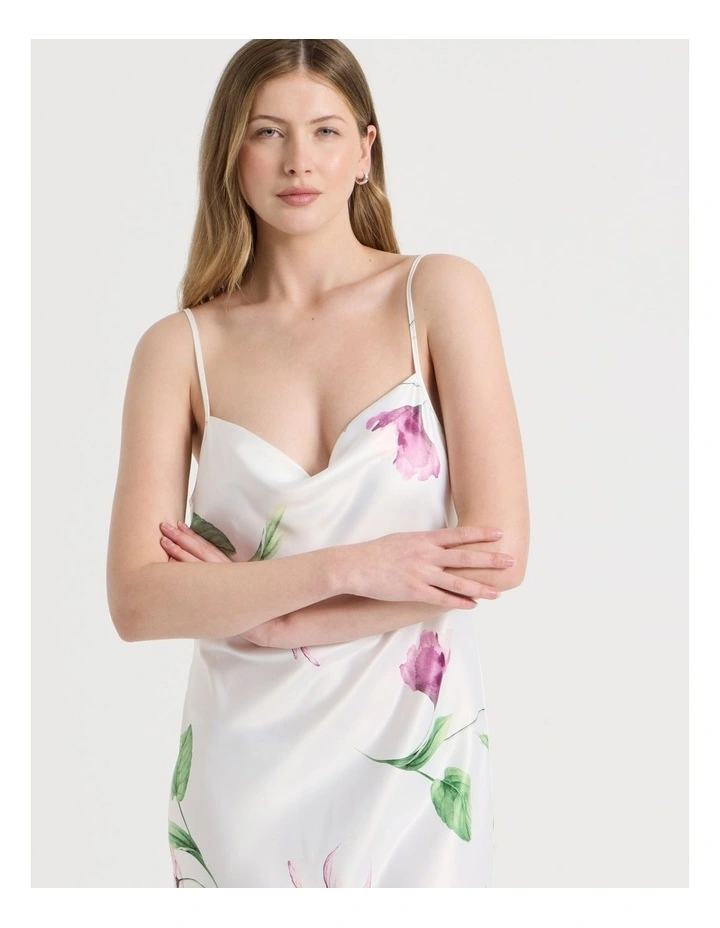 Luxe Satin Cowl Neck Long Chemise in Gardenia Floral Print image 2