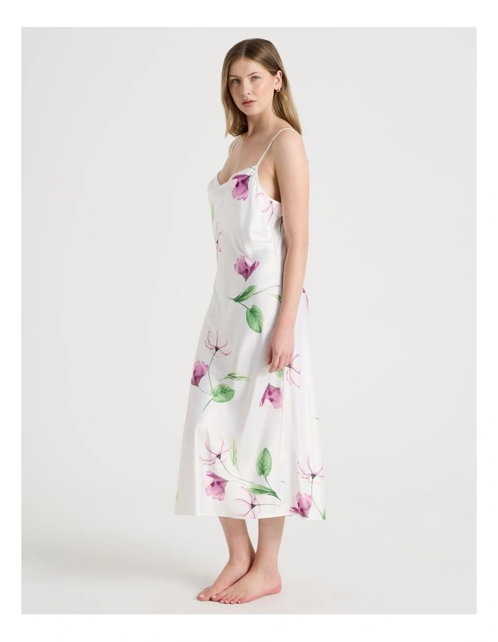 Luxe Satin Cowl Neck Long Chemise in Gardenia Floral Print image 3