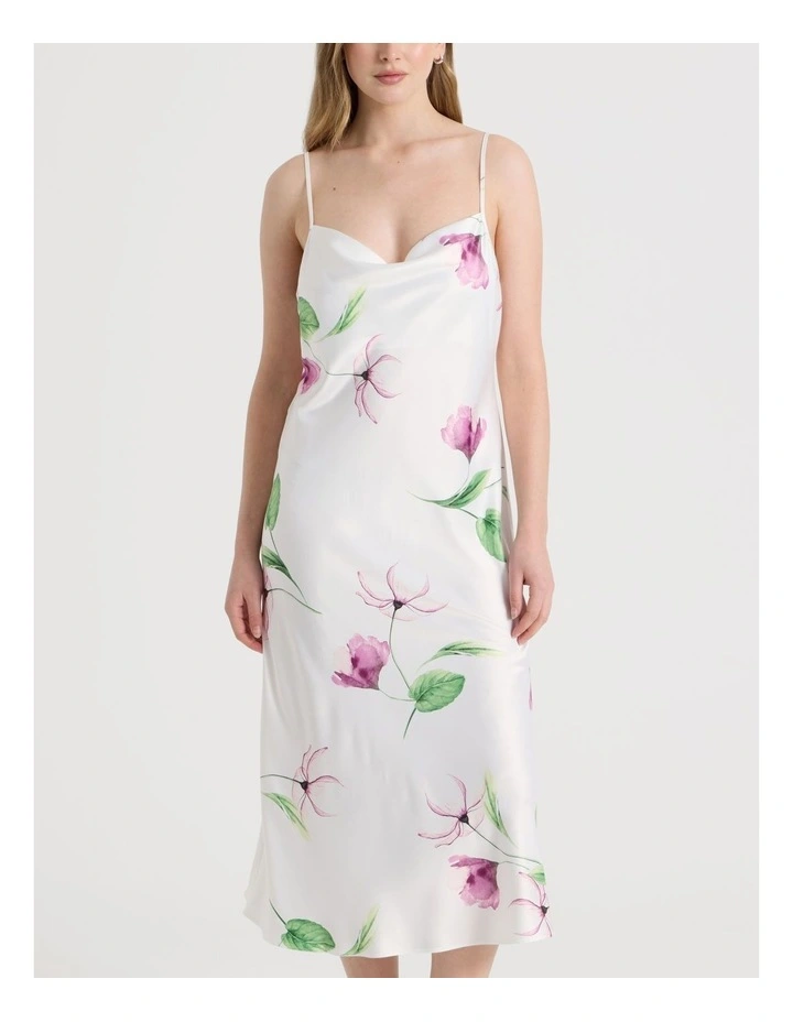 Luxe Satin Cowl Neck Long Chemise in Gardenia Floral Print image 4