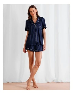 Jacquard Stripe Satin PJ Set in Navy