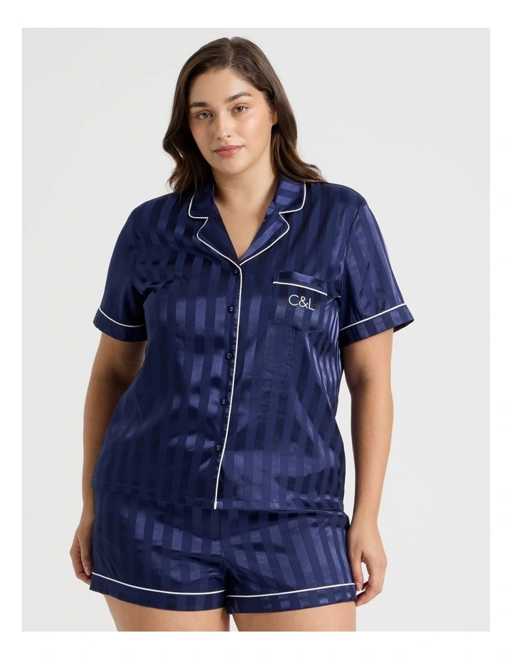 Jacquard Stripe Satin PJ Set in Navy image 2