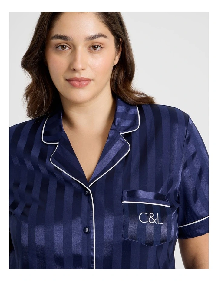 Jacquard Stripe Satin PJ Set in Navy image 3