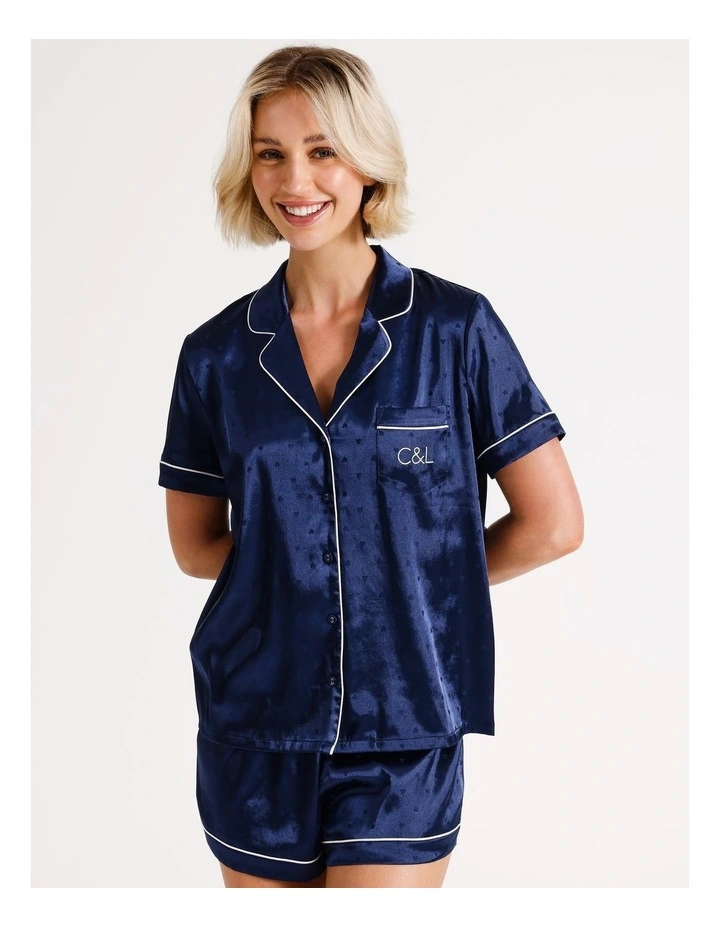 Jacquard Heart Satin PJ Set in Navy image 1