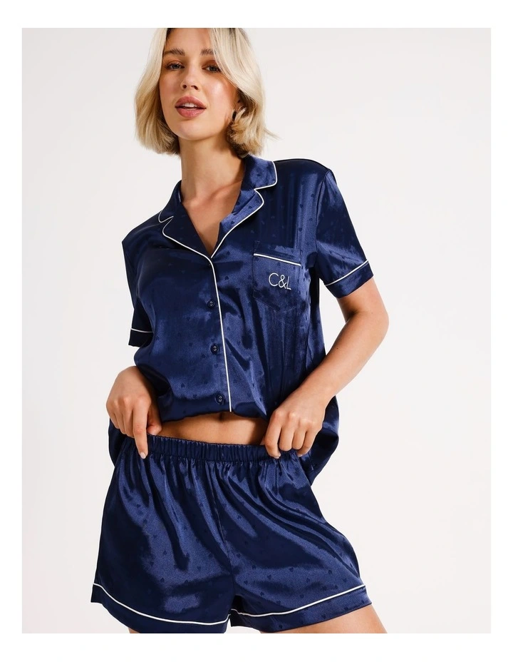 Jacquard Heart Satin PJ Set in Navy image 3