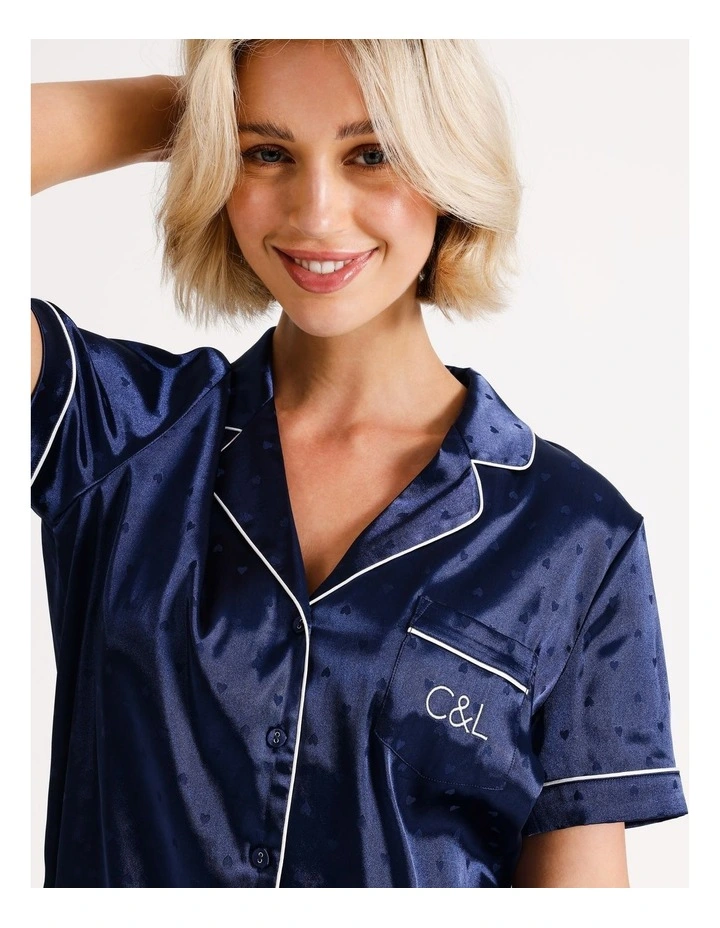 Jacquard Heart Satin PJ Set in Navy image 4