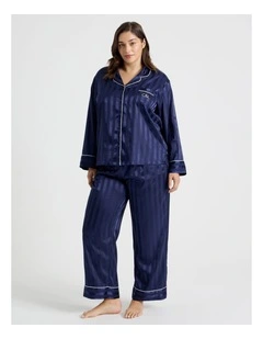 Luxe Satin Long Sleeve Pyjama Set in Navy