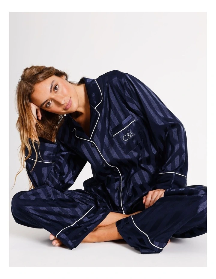 Luxe Satin Long Sleeve Pyjama Set in Navy image 7