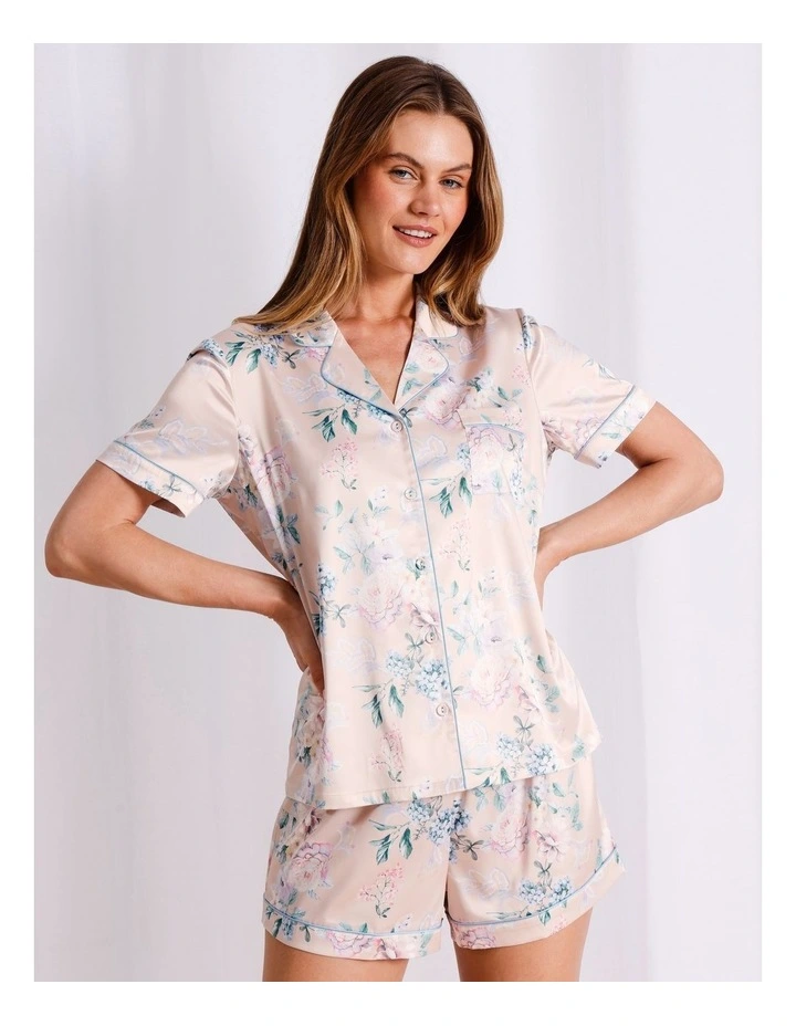 Luxe Satin Short Sleeve PJ Set in Floral Paisley White Print image 1