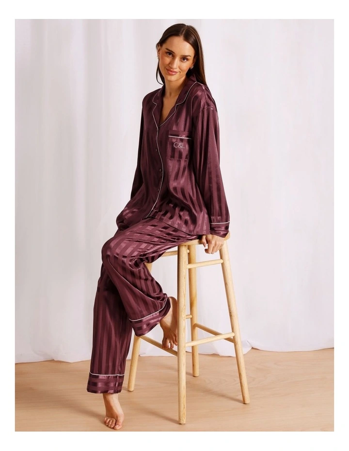 Luxe Satin Jacquard Stripe Long Sleeve Long PJ Set in Plum Jacquard image 1