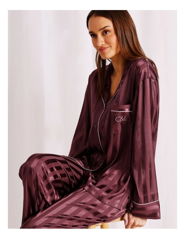 Luxe Satin Jacquard Stripe Long Sleeve Long PJ Set in Plum Jacquard image 2