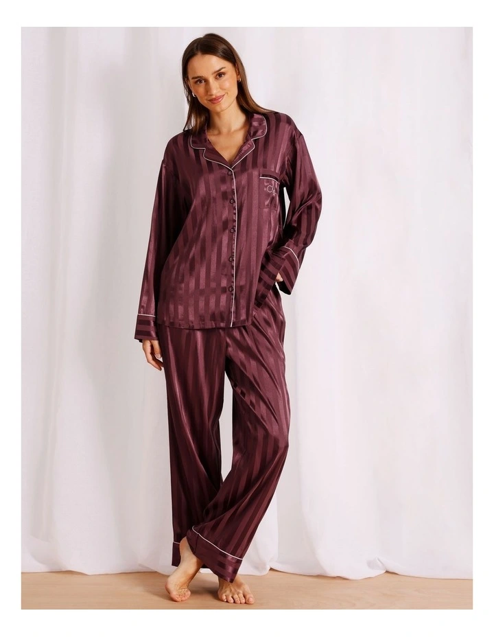 Luxe Satin Jacquard Stripe Long Sleeve Long PJ Set in Plum Jacquard image 3