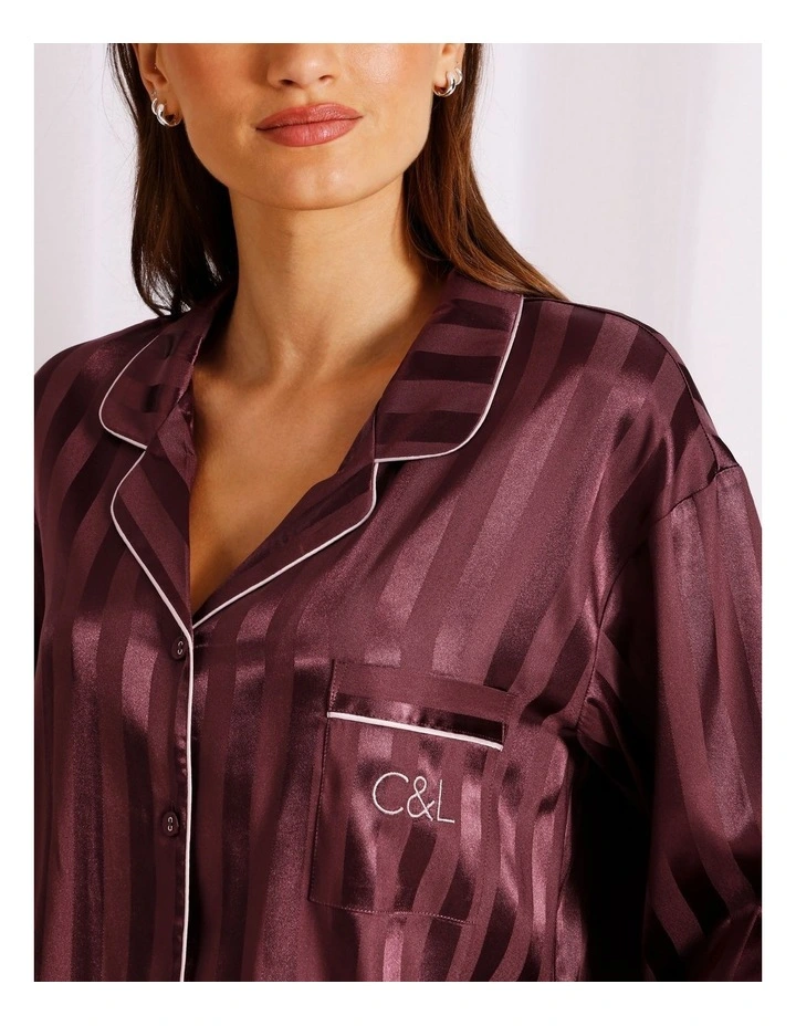 Luxe Satin Jacquard Stripe Long Sleeve Long PJ Set in Plum Jacquard image 4