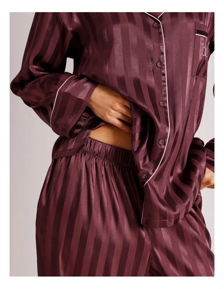 Luxe Satin Jacquard Stripe Long Sleeve Long PJ Set in Plum Jacquard image 5