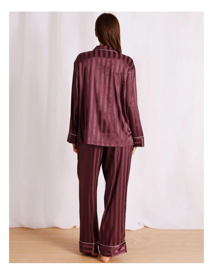 Luxe Satin Jacquard Stripe Long Sleeve Long PJ Set in Plum Jacquard image 6