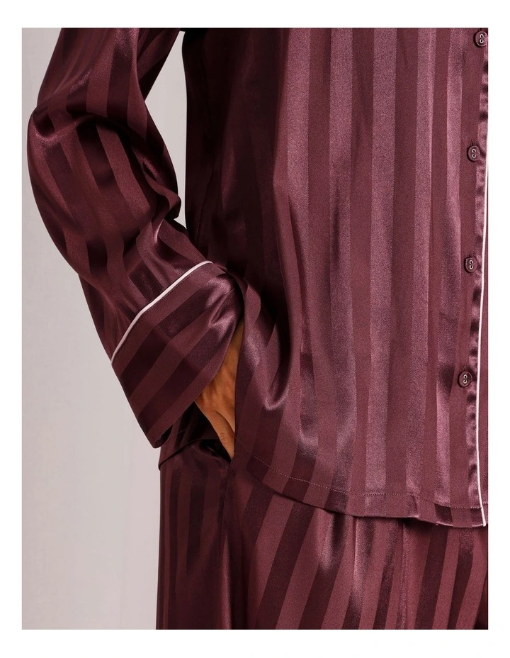 Luxe Satin Jacquard Stripe Long Sleeve Long PJ Set in Plum Jacquard image 7