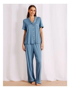 Pure Comfort Short Sleeve Long PJ Set in Steel Blue