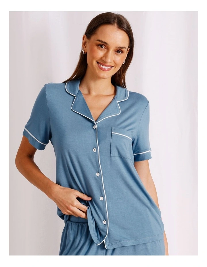 Pure Comfort Short Sleeve Long PJ Set in Steel Blue image 2