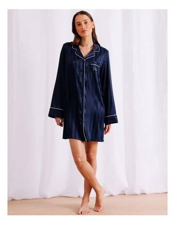 Luxe Satin Jacquard Stripe Long Sleeve Nightshirt in Navy Jacquard