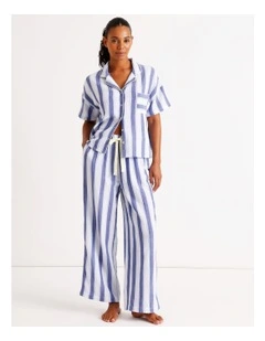 Divine Cheesecloth Short Sleeve Long PJ Set in Cobalt Stripe Print