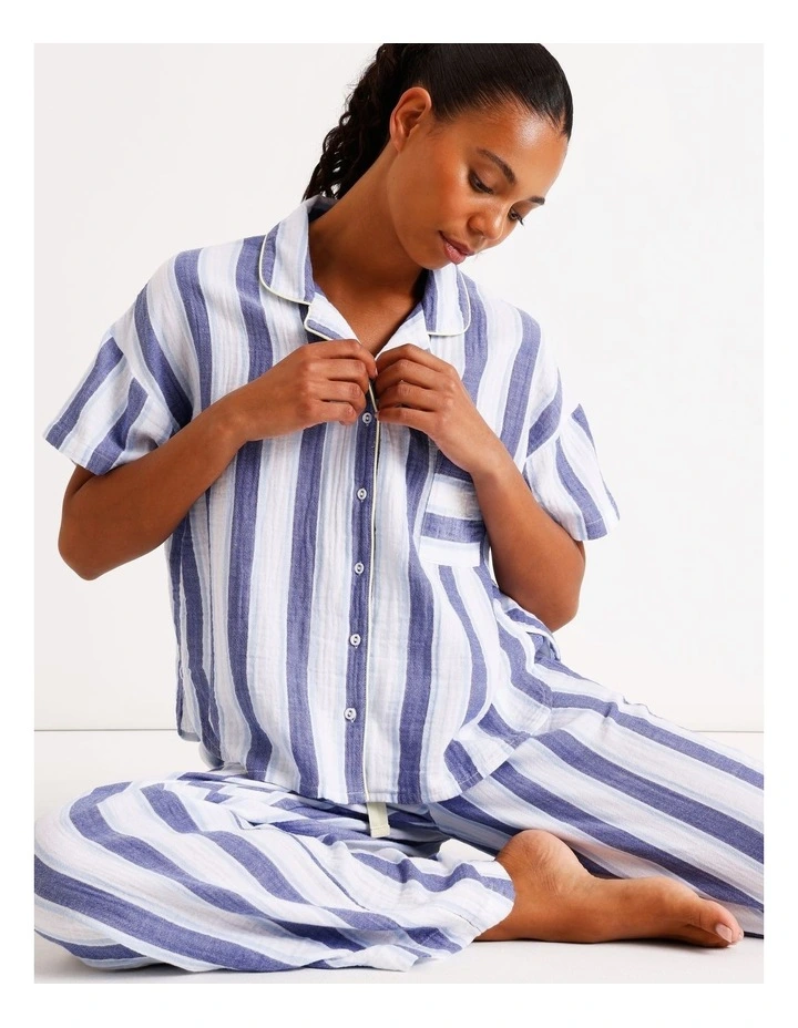 Divine Cheesecloth Short Sleeve Long PJ Set in Cobalt Stripe Print image 2