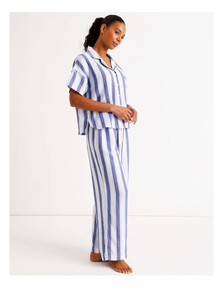 Divine Cheesecloth Short Sleeve Long PJ Set in Cobalt Stripe Print image 3