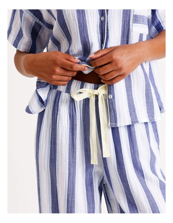 Divine Cheesecloth Short Sleeve Long PJ Set in Cobalt Stripe Print image 4