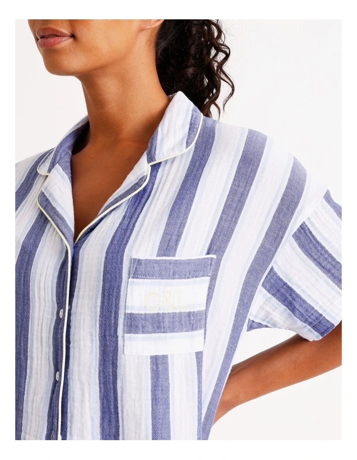 Divine Cheesecloth Short Sleeve Long PJ Set in Cobalt Stripe Print image 6