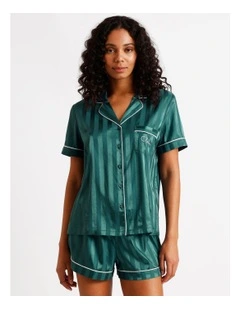 Luxe Satin Jacquard Short Sleeve Short PJ Set in Teal Jacquard