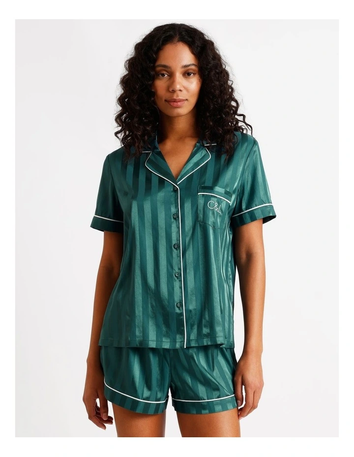Luxe Satin Jacquard Short Sleeve Short PJ Set in Teal Jacquard image 1