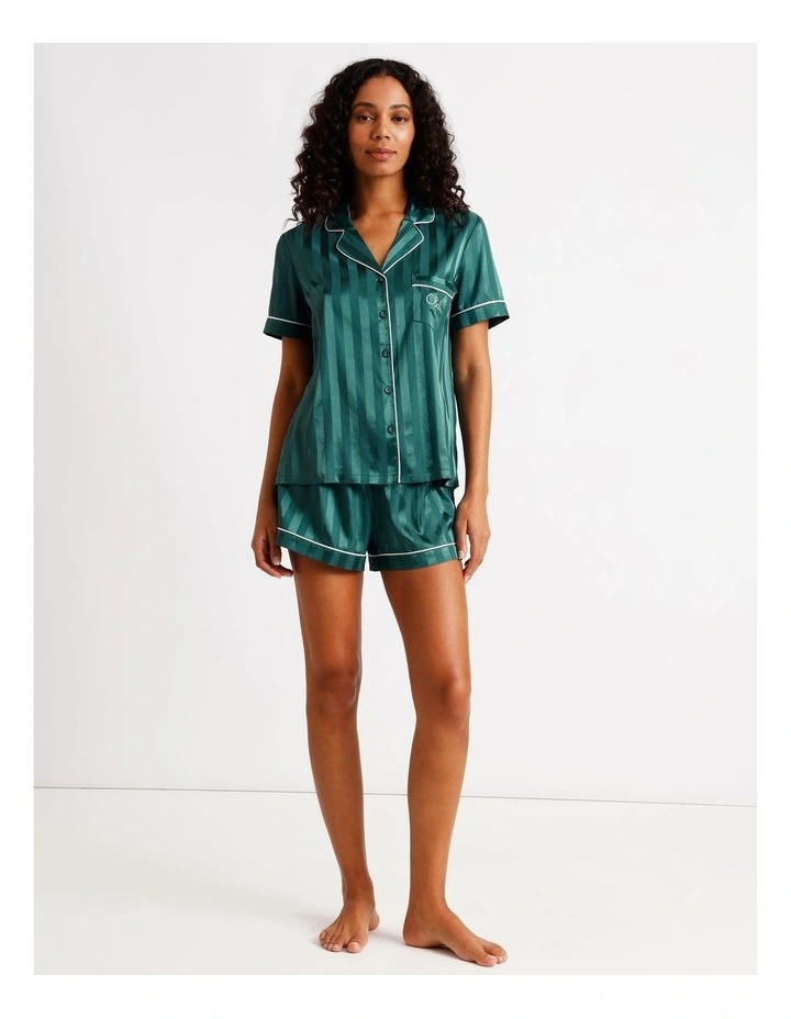 Luxe Satin Jacquard Short Sleeve Short PJ Set in Teal Jacquard image 2