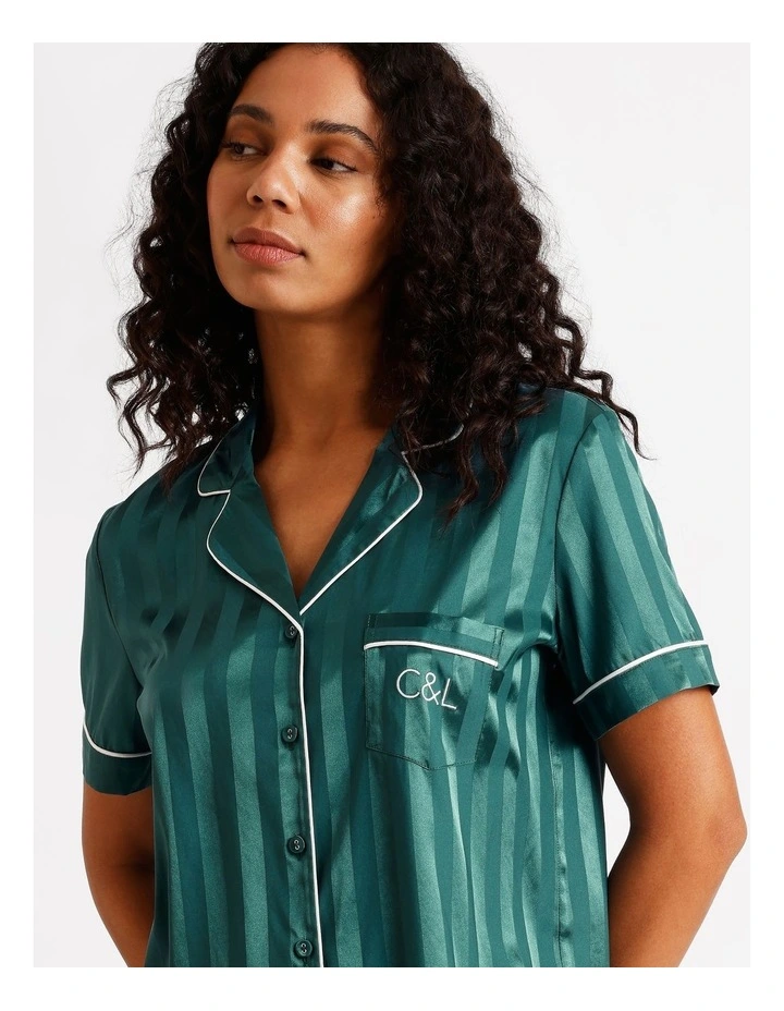 Luxe Satin Jacquard Short Sleeve Short PJ Set in Teal Jacquard image 3
