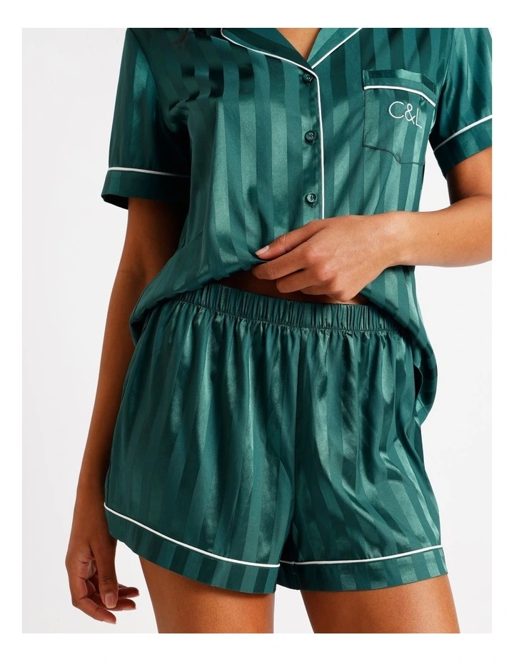 Luxe Satin Jacquard Short Sleeve Short PJ Set in Teal Jacquard image 5