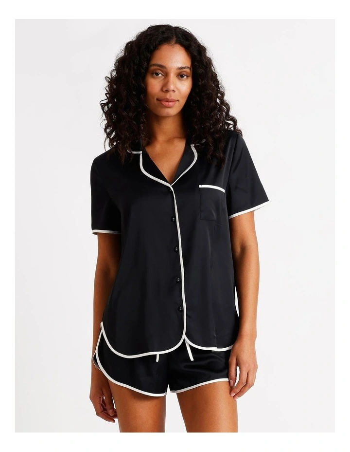 Signature Satin Binding Short Sleeve Short PJ Set in Black image 1