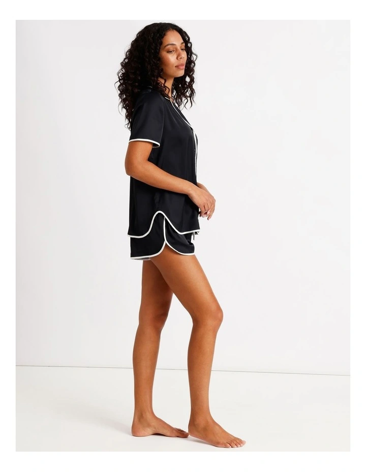 Signature Satin Binding Short Sleeve Short PJ Set in Black image 2