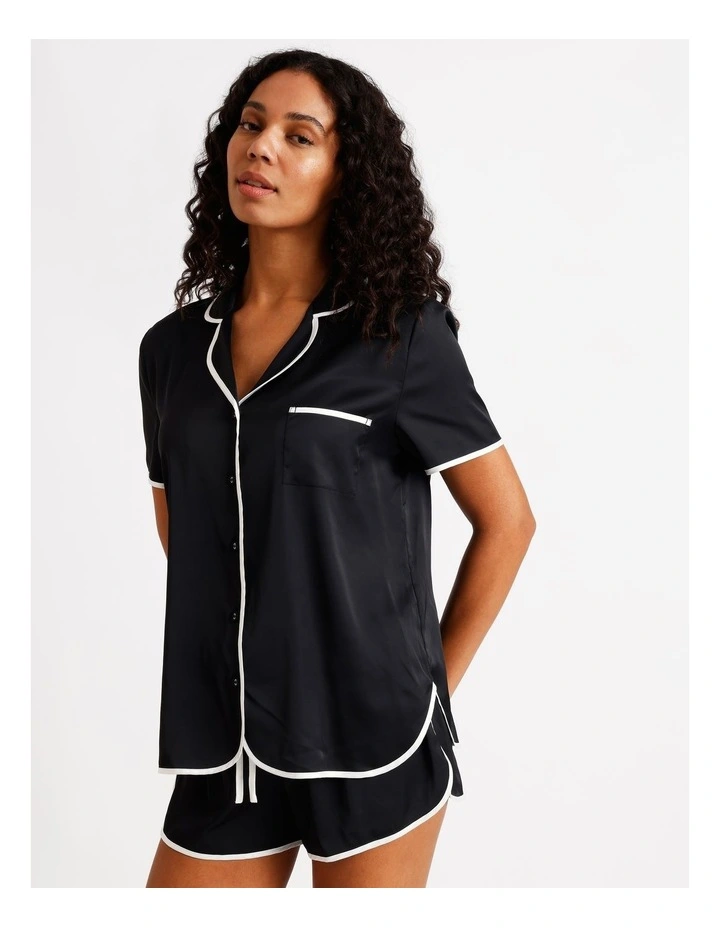 Signature Satin Binding Short Sleeve Short PJ Set in Black image 3