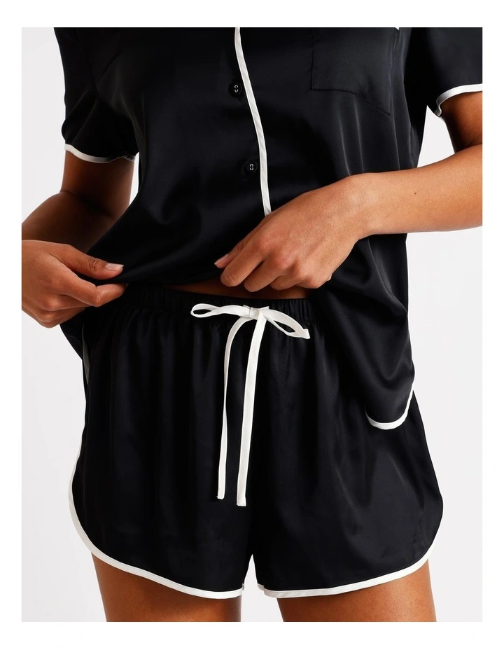 Signature Satin Binding Short Sleeve Short PJ Set in Black image 5