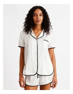 Signature Satin Binding Short Sleeve Short PJ Set in Ivory