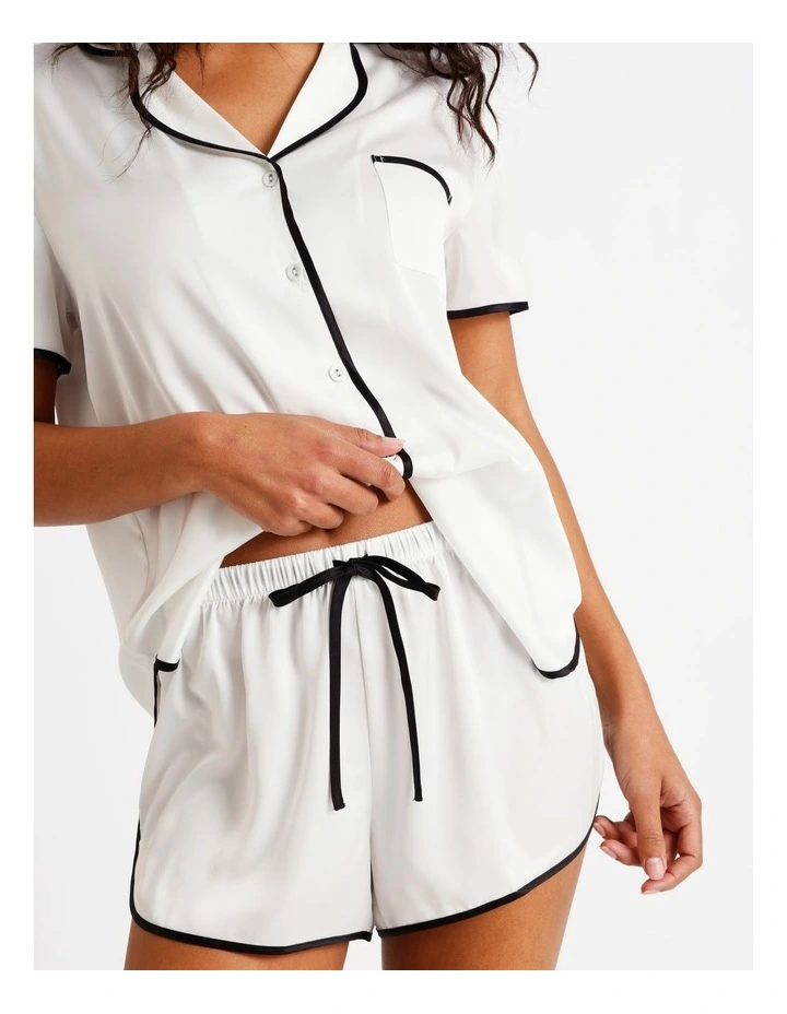 Signature Satin Binding Short Sleeve Short PJ Set in Ivory image 2