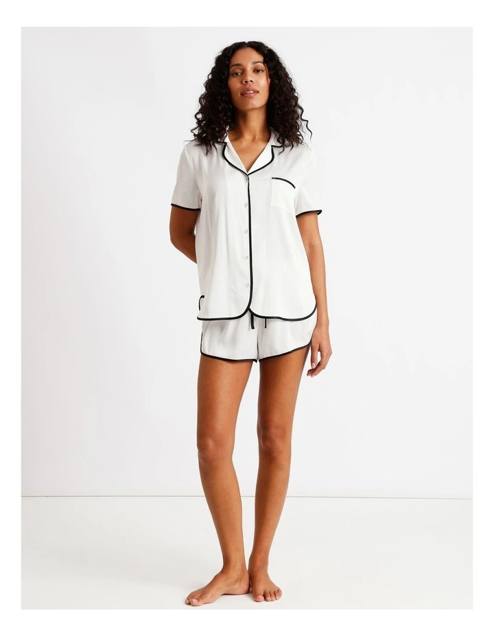 Signature Satin Binding Short Sleeve Short PJ Set in Ivory image 3