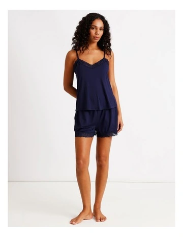 Pure Comfort Lace Trim Cami Boxer Set in Navy