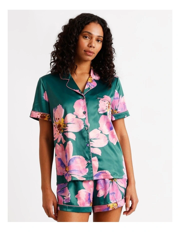 Luxe Satin Short Sleeve Short PJ Set in Teal Floral Print image 1